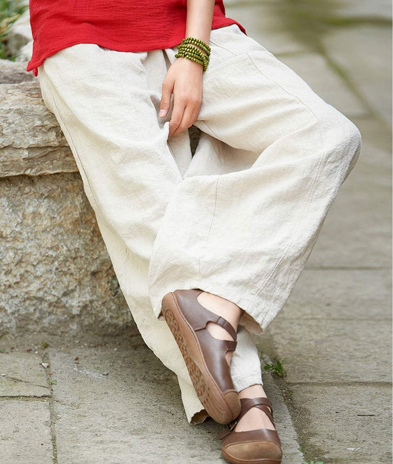 IXIMO Women's Casual Cotton Linen Baggy Pants with Elastic Waist Relax Fit Lantern Trousers Beige XL - Image 4